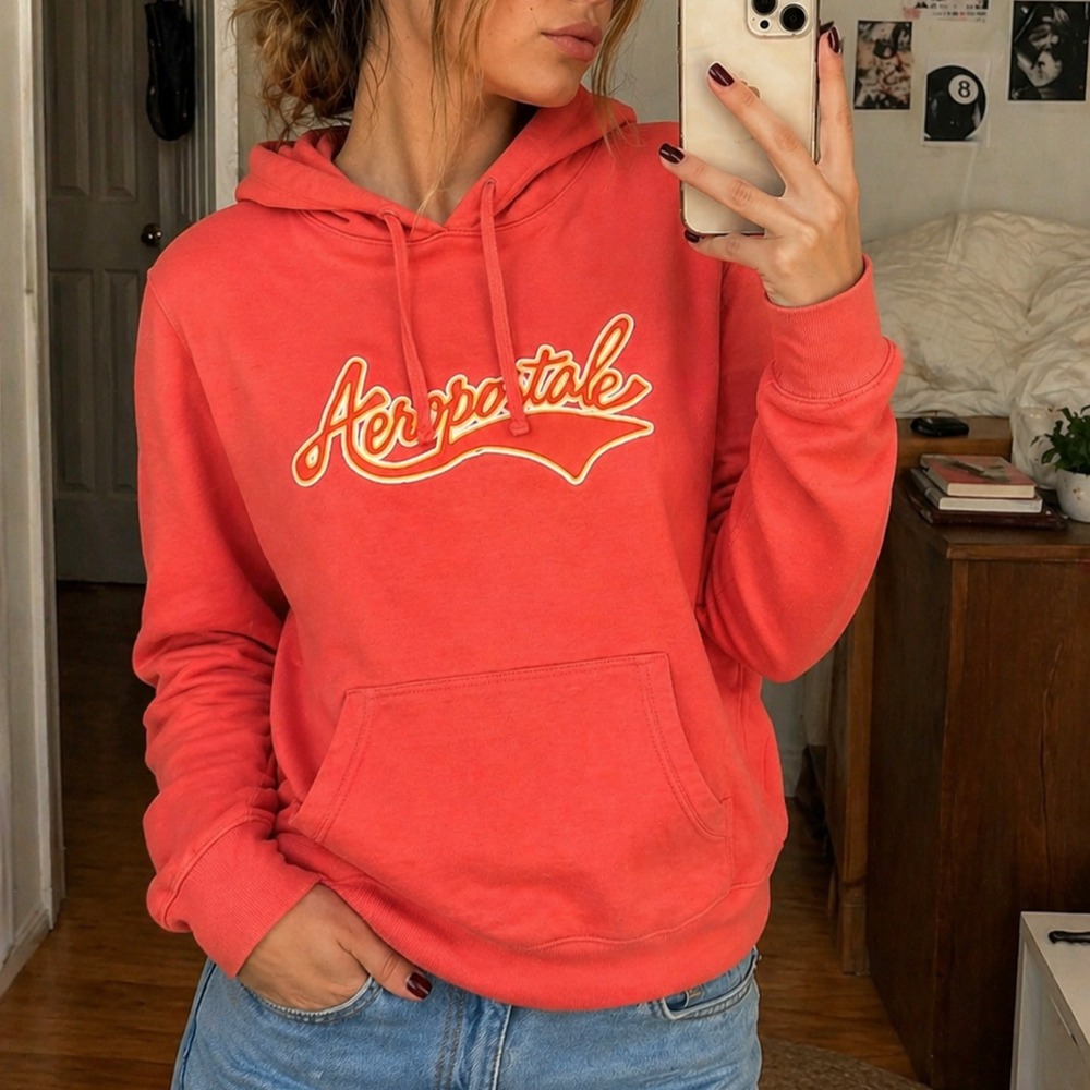 Aeropostale Womens Orange Coral Script‎ Logo Fleece Hoodie Sweatshirt Medium M